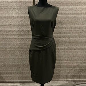 M.M. LaFleur Olive Green Sleeveless Dress with diagonal pleating accent size 10
